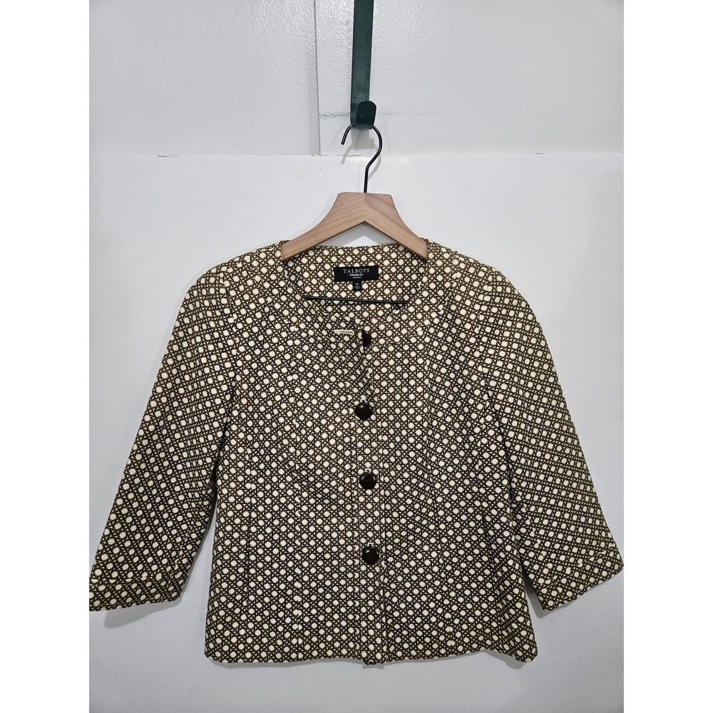 Talbots Petites Brown Cream Geometric Cane Print Cotton Jacket Size 2P‎